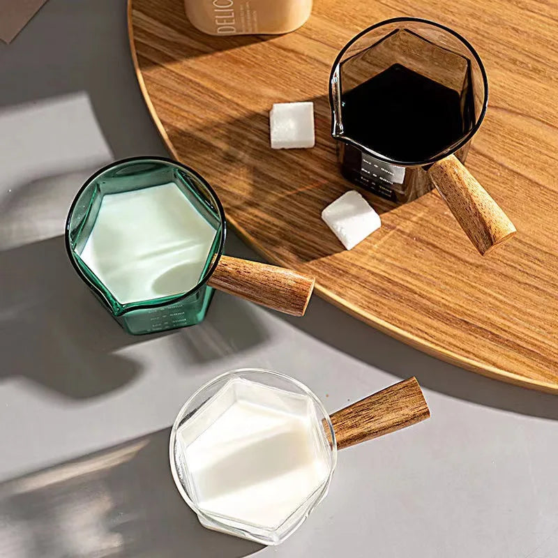 Espresso Measuring Cup – 120ml Borosilicate Glass Milk Latte Pitcher With Wood Handle - ZOOMNSTORE