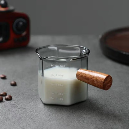 Espresso Measuring Cup – 120ml Borosilicate Glass Milk Latte Pitcher With Wood Handle - ZOOMNSTORE