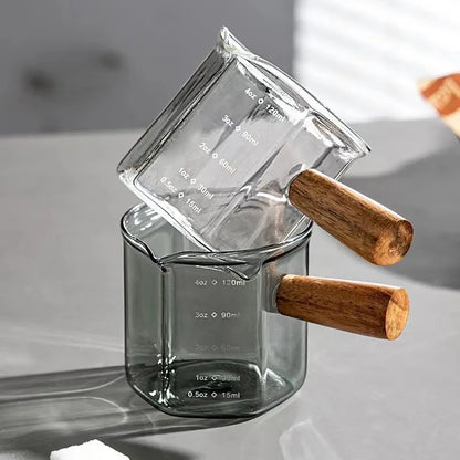 Espresso Measuring Cup – 120ml Borosilicate Glass Milk Latte Pitcher With Wood Handle - ZOOMNSTORE