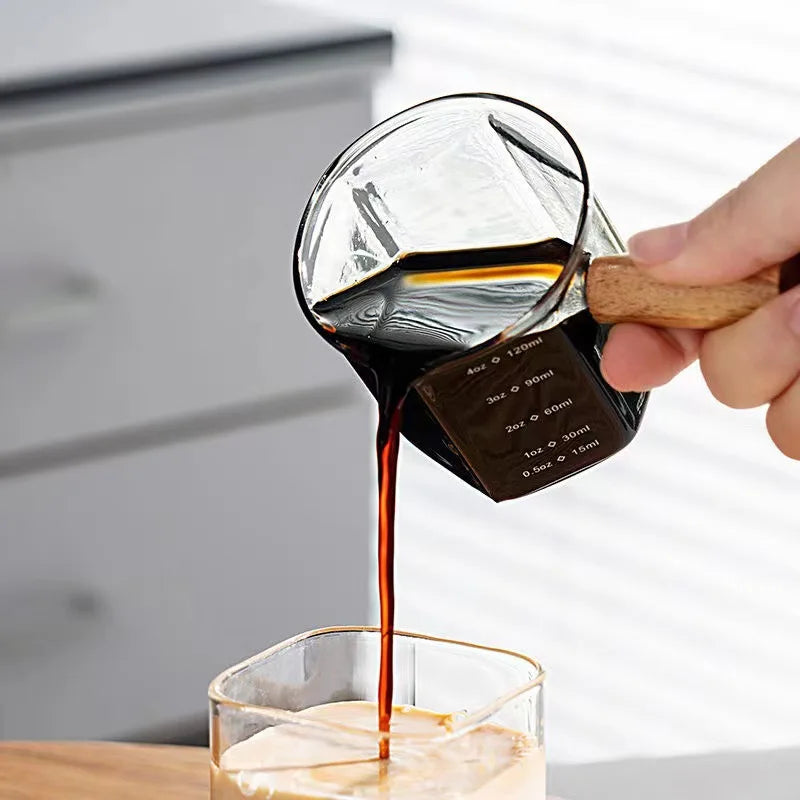 Espresso Measuring Cup – 120ml Borosilicate Glass Milk Latte Pitcher With Wood Handle - ZOOMNSTORE