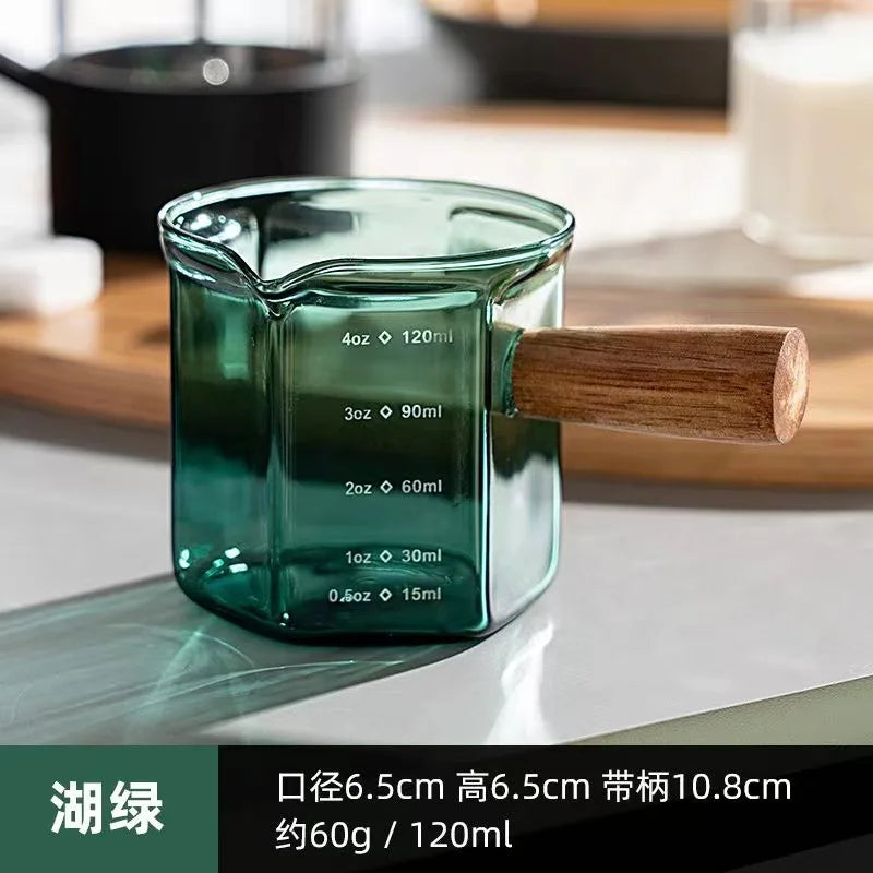 Espresso Measuring Cup – 120ml Borosilicate Glass Milk Latte Pitcher With Wood Handle - ZOOMNSTORE