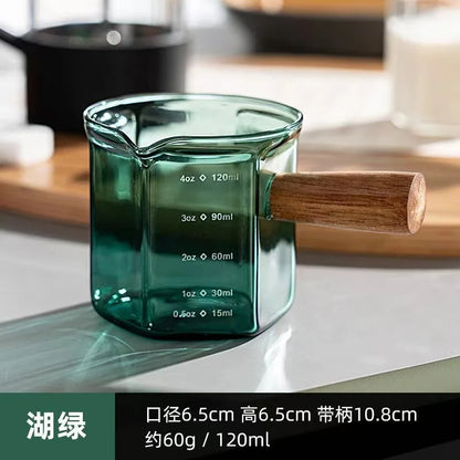 Espresso Measuring Cup – 120ml Borosilicate Glass Milk Latte Pitcher With Wood Handle - ZOOMNSTORE