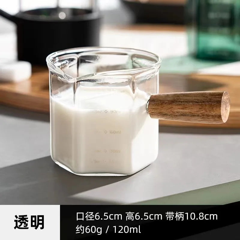 Espresso Measuring Cup – 120ml Borosilicate Glass Milk Latte Pitcher With Wood Handle - ZOOMNSTORE
