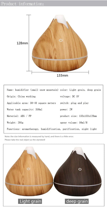 Wood Grain Essential Oil Diffuser - 350ML Ultrasonic Humidifier with Remote Control and 7 Color LED Light - ZOOMNSTORE