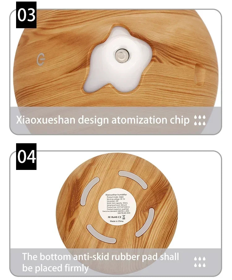 Wood Grain Essential Oil Diffuser - 350ML Ultrasonic Humidifier with Remote Control and 7 Color LED Light - ZOOMNSTORE
