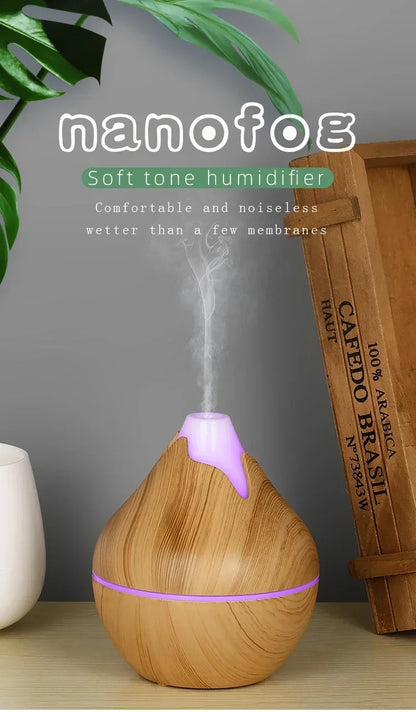 Wood Grain Essential Oil Diffuser - 350ML Ultrasonic Humidifier with Remote Control and 7 Color LED Light - ZOOMNSTORE