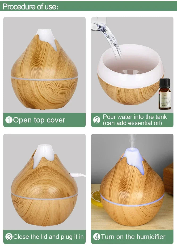 Wood Grain Essential Oil Diffuser - 350ML Ultrasonic Humidifier with Remote Control and 7 Color LED Light - ZOOMNSTORE