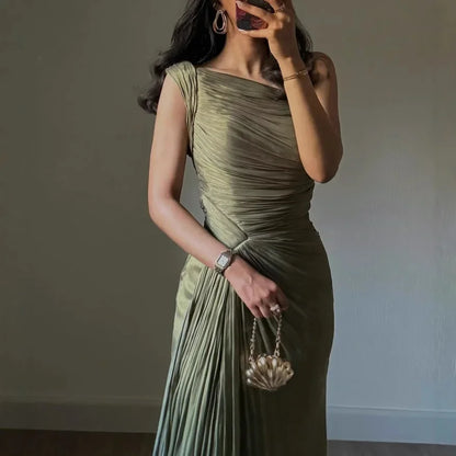 Corseted Pleated Evening Dress - Autumn Winter Dress with Ribbons and Sparkling Details for Women - ZOOMNSTORE