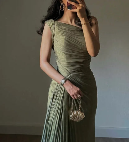 Corseted Pleated Evening Dress - Autumn Winter Dress with Ribbons and Sparkling Details for Women - ZOOMNSTORE