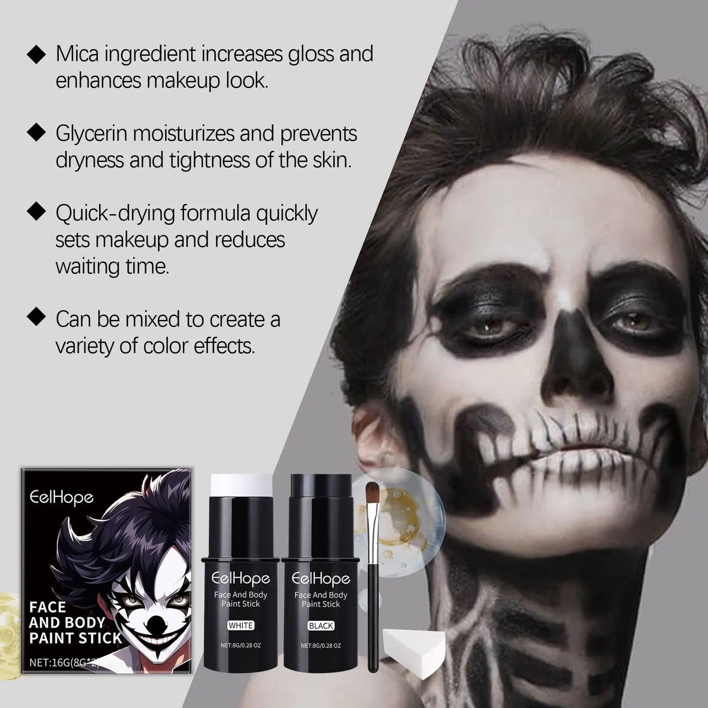 Black White Face Body Paint Kit Cover Foundation Clown Colorful Long Lasting Waterproof Halloween Festive Makeup Accessories Set - ZOOMNSTORE