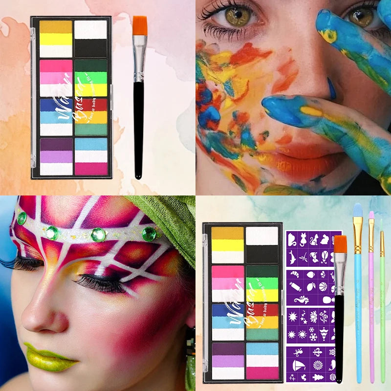 Dual-Tone Water Based Face & Body Paint Palette Makeup Kit with Brushes,Rainbow Stripe Split Cake Painting for Cosplay,Halloween - ZOOMNSTORE