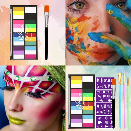 Dual-Tone Water Based Face & Body Paint Palette Makeup Kit with Brushes,Rainbow Stripe Split Cake Painting for Cosplay,Halloween - ZOOMNSTORE