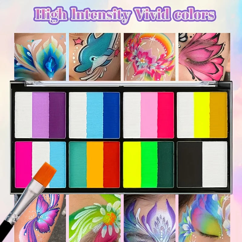 Dual-Tone Water Based Face & Body Paint Palette Makeup Kit with Brushes,Rainbow Stripe Split Cake Painting for Cosplay,Halloween - ZOOMNSTORE