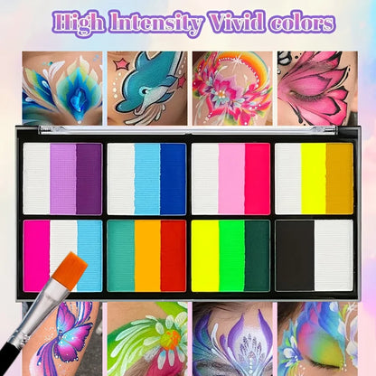 Dual-Tone Water Based Face & Body Paint Palette Makeup Kit with Brushes,Rainbow Stripe Split Cake Painting for Cosplay,Halloween - ZOOMNSTORE