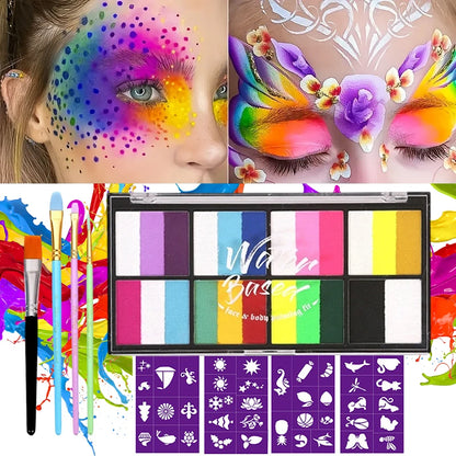 Dual-Tone Water Based Face & Body Paint Palette Makeup Kit with Brushes,Rainbow Stripe Split Cake Painting for Cosplay,Halloween - ZOOMNSTORE