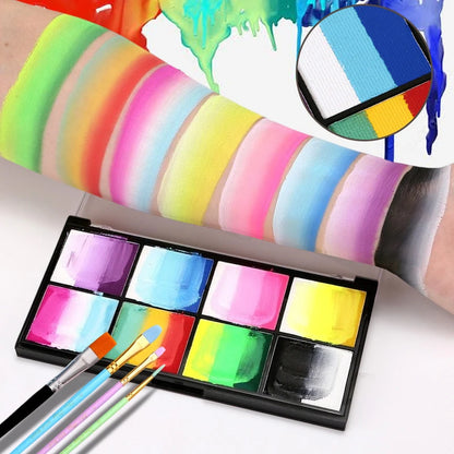 Dual-Tone Water Based Face & Body Paint Palette Makeup Kit with Brushes,Rainbow Stripe Split Cake Painting for Cosplay,Halloween - ZOOMNSTORE