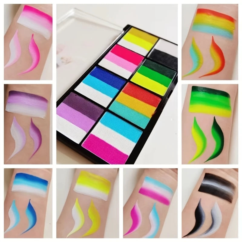 Dual-Tone Water Based Face & Body Paint Palette Makeup Kit with Brushes,Rainbow Stripe Split Cake Painting for Cosplay,Halloween - ZOOMNSTORE