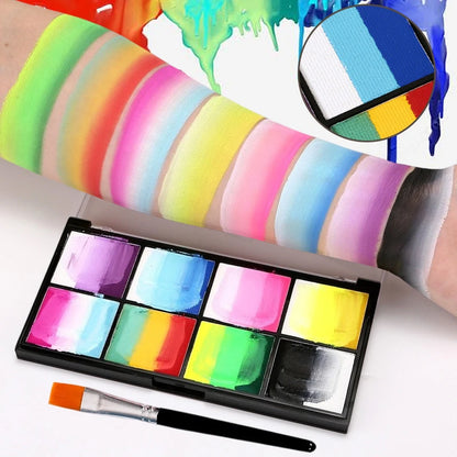 Dual-Tone Water Based Face & Body Paint Palette Makeup Kit with Brushes,Rainbow Stripe Split Cake Painting for Cosplay,Halloween - ZOOMNSTORE