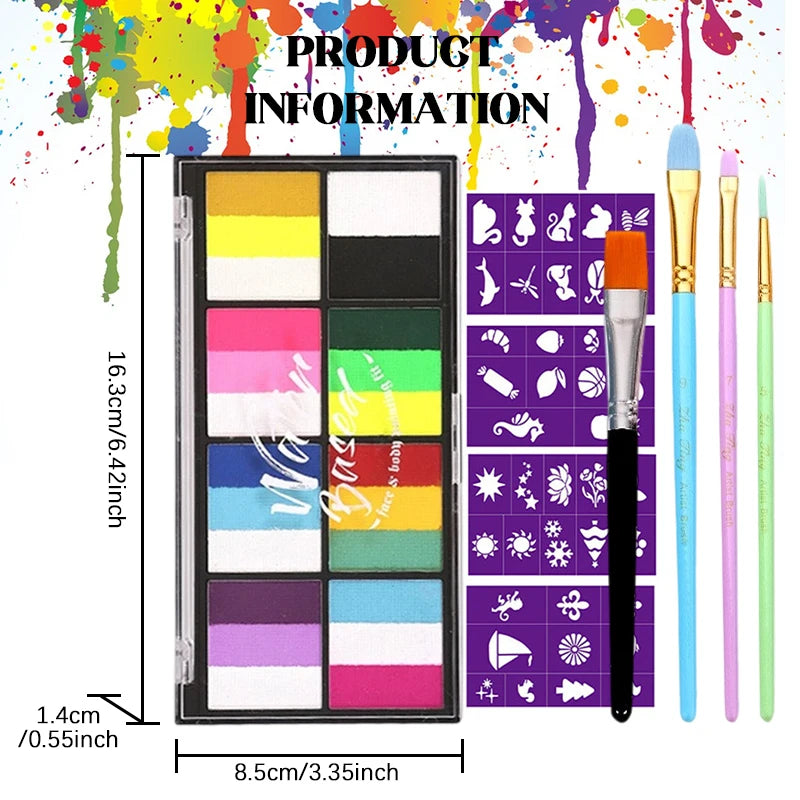 Dual-Tone Water Based Face & Body Paint Palette Makeup Kit with Brushes,Rainbow Stripe Split Cake Painting for Cosplay,Halloween - ZOOMNSTORE