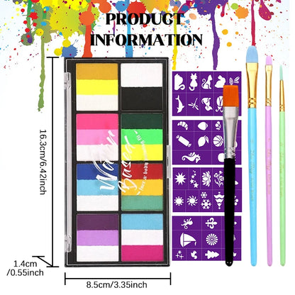 Dual-Tone Water Based Face & Body Paint Palette Makeup Kit with Brushes,Rainbow Stripe Split Cake Painting for Cosplay,Halloween - ZOOMNSTORE