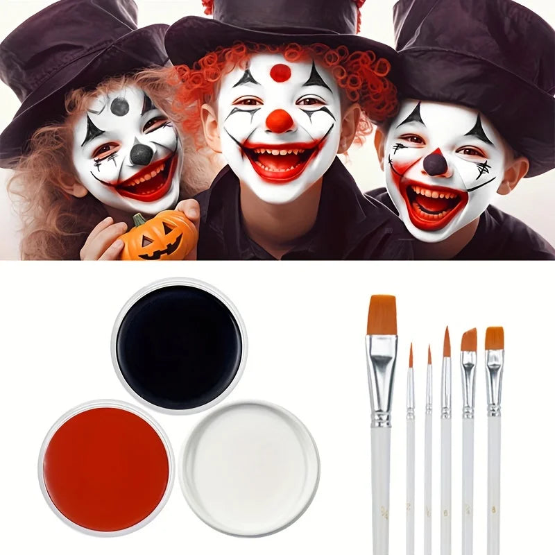 Black White Red Face Body Paint Adult Oil Body Paint Set FX Clown Vampire Skeleton Role Play Halloween Makeup with 6 Brushes - ZOOMNSTORE