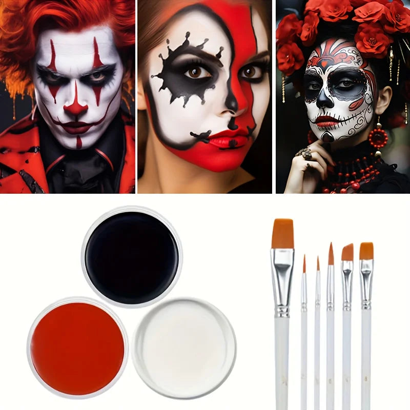 Black White Red Face Body Paint Adult Oil Body Paint Set FX Clown Vampire Skeleton Role Play Halloween Makeup with 6 Brushes - ZOOMNSTORE