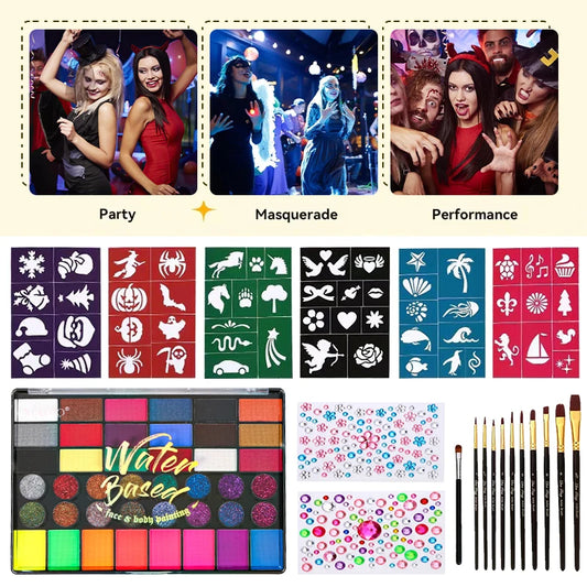 42-Color Water-Soluble Face Body Paint Set,Face Painting Kit with Decorative Stickers & Brushes Paint Makeup for Halloween Party - ZOOMNSTORE