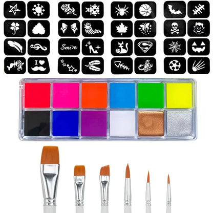 12 Face Painting Kit Body Makeup & 3 Colors Loose Powder Non Toxic Water Paint Oil with Brush Painting Halloween Cosplay Party - ZOOMNSTORE