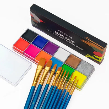 12 Face Painting Kit Body Makeup & 3 Colors Loose Powder Non Toxic Water Paint Oil with Brush Painting Halloween Cosplay Party - ZOOMNSTORE