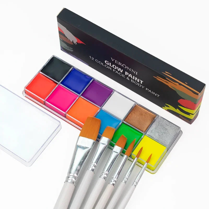 12 Face Painting Kit Body Makeup & 3 Colors Loose Powder Non Toxic Water Paint Oil with Brush Painting Halloween Cosplay Party - ZOOMNSTORE
