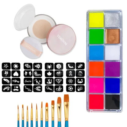 12 Face Painting Kit Body Makeup & 3 Colors Loose Powder Non Toxic Water Paint Oil with Brush Painting Halloween Cosplay Party - ZOOMNSTORE