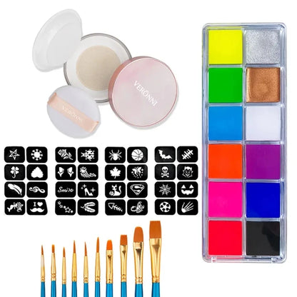 12 Face Painting Kit Body Makeup & 3 Colors Loose Powder Non Toxic Water Paint Oil with Brush Painting Halloween Cosplay Party - ZOOMNSTORE