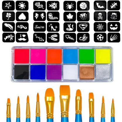 12 Face Painting Kit Body Makeup & 3 Colors Loose Powder Non Toxic Water Paint Oil with Brush Painting Halloween Cosplay Party - ZOOMNSTORE