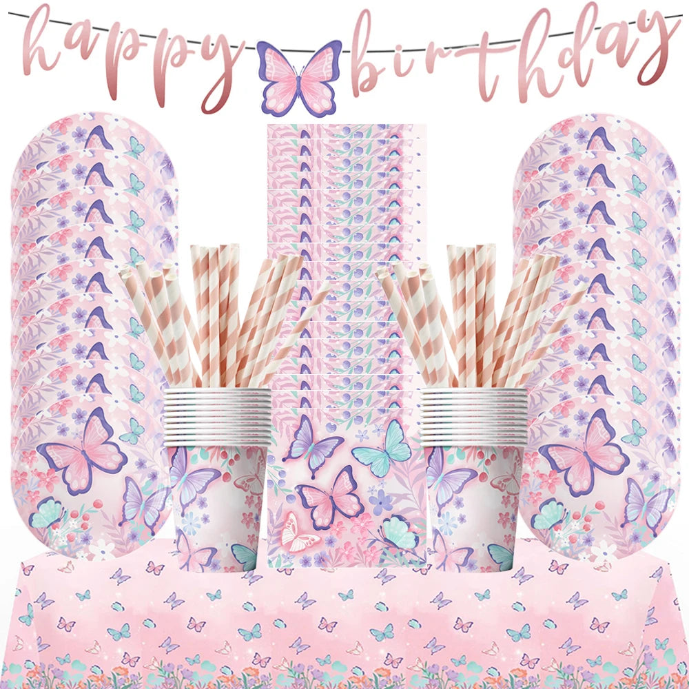 Butterfly Fairy Birthday Party Tableware Set - Pink Disposable Plates Cups Napkins and Tablecloth - ZOOMNSTORE
