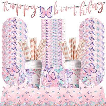 Butterfly Fairy Birthday Party Tableware Set - Pink Disposable Plates Cups Napkins and Tablecloth - ZOOMNSTORE