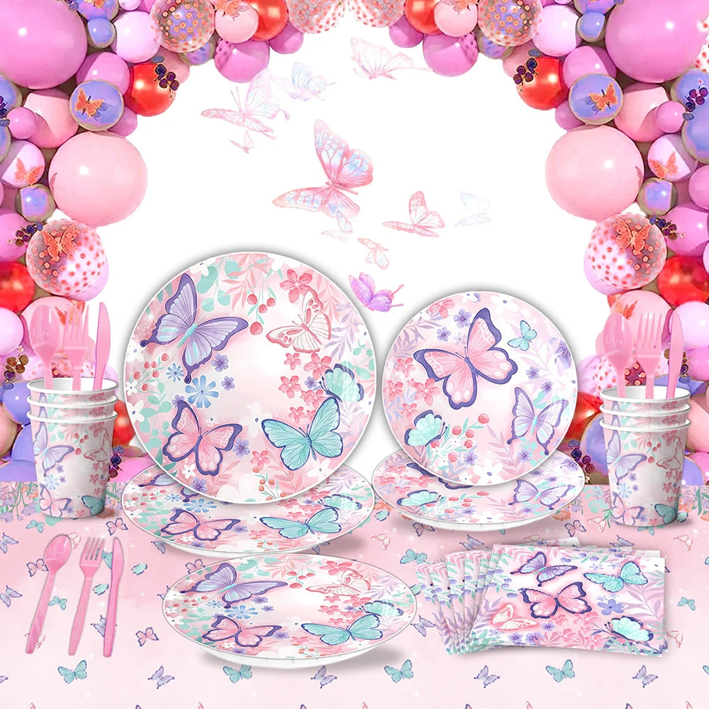 Butterfly Fairy Birthday Party Tableware Set - Pink Disposable Plates Cups Napkins and Tablecloth - ZOOMNSTORE