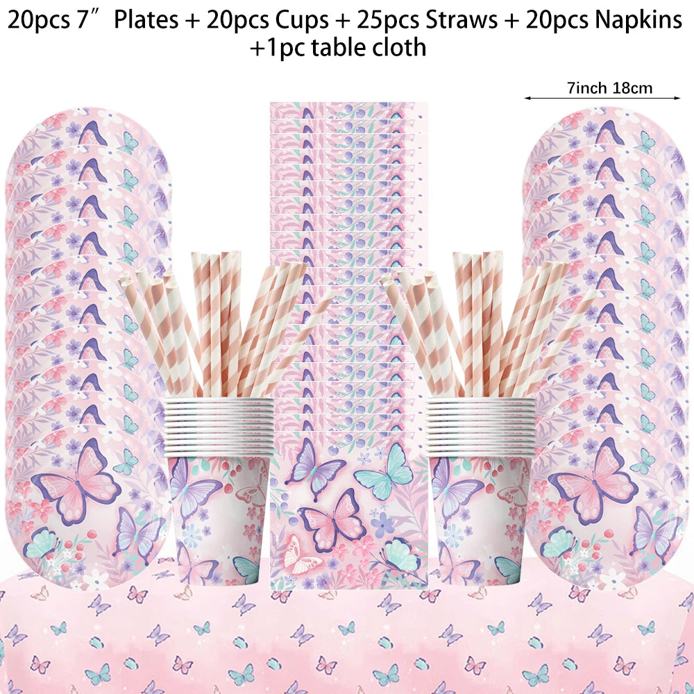 Butterfly Fairy Birthday Party Tableware Set - Pink Disposable Plates Cups Napkins and Tablecloth - ZOOMNSTORE