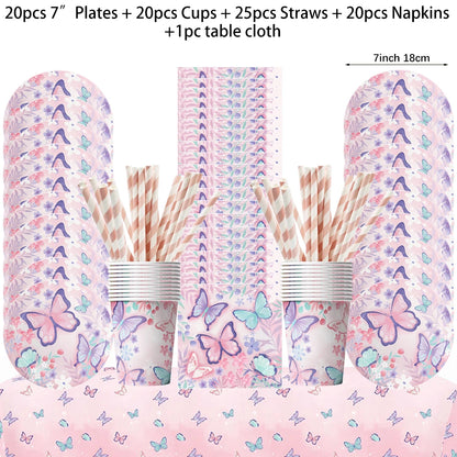 Butterfly Fairy Birthday Party Tableware Set - Pink Disposable Plates Cups Napkins and Tablecloth - ZOOMNSTORE