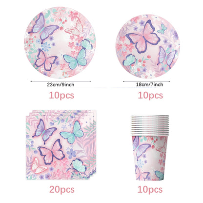 Butterfly Fairy Birthday Party Tableware Set - Pink Disposable Plates Cups Napkins and Tablecloth - ZOOMNSTORE