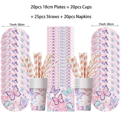 Butterfly Fairy Birthday Party Tableware Set - Pink Disposable Plates Cups Napkins and Tablecloth - ZOOMNSTORE