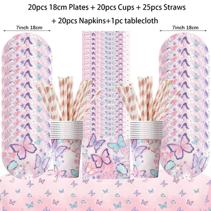Butterfly Fairy Birthday Party Tableware Set - Pink Disposable Plates Cups Napkins and Tablecloth - ZOOMNSTORE