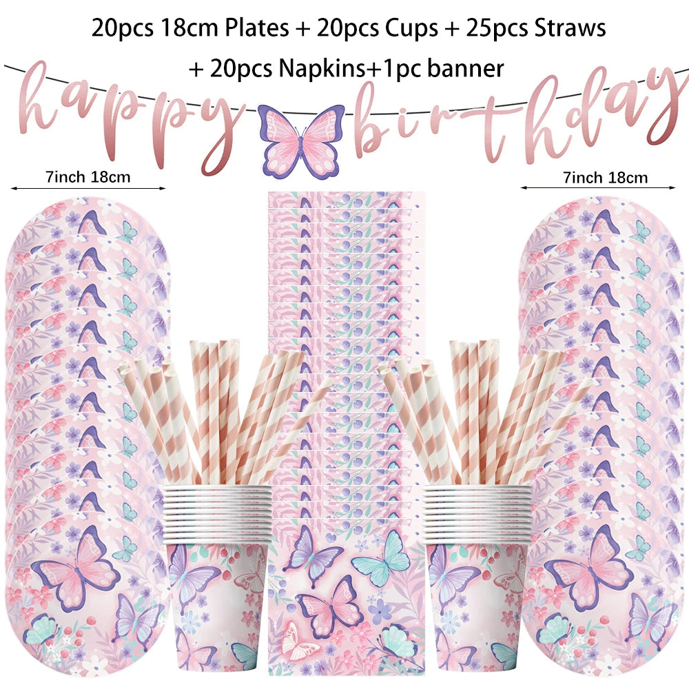 Butterfly Fairy Birthday Party Tableware Set - Pink Disposable Plates Cups Napkins and Tablecloth - ZOOMNSTORE