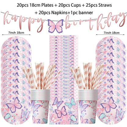 Butterfly Fairy Birthday Party Tableware Set - Pink Disposable Plates Cups Napkins and Tablecloth - ZOOMNSTORE