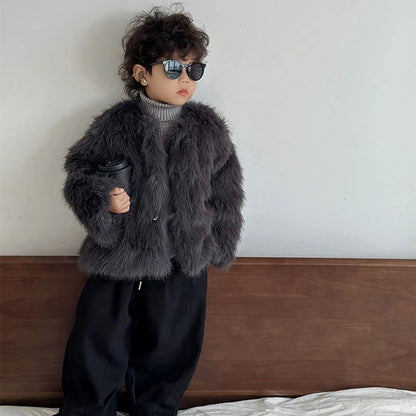 Fake Fur Girls Jacket - Thick Winter Outerwear | Solid Color Single-Breasted Coat - ZOOMNSTORE