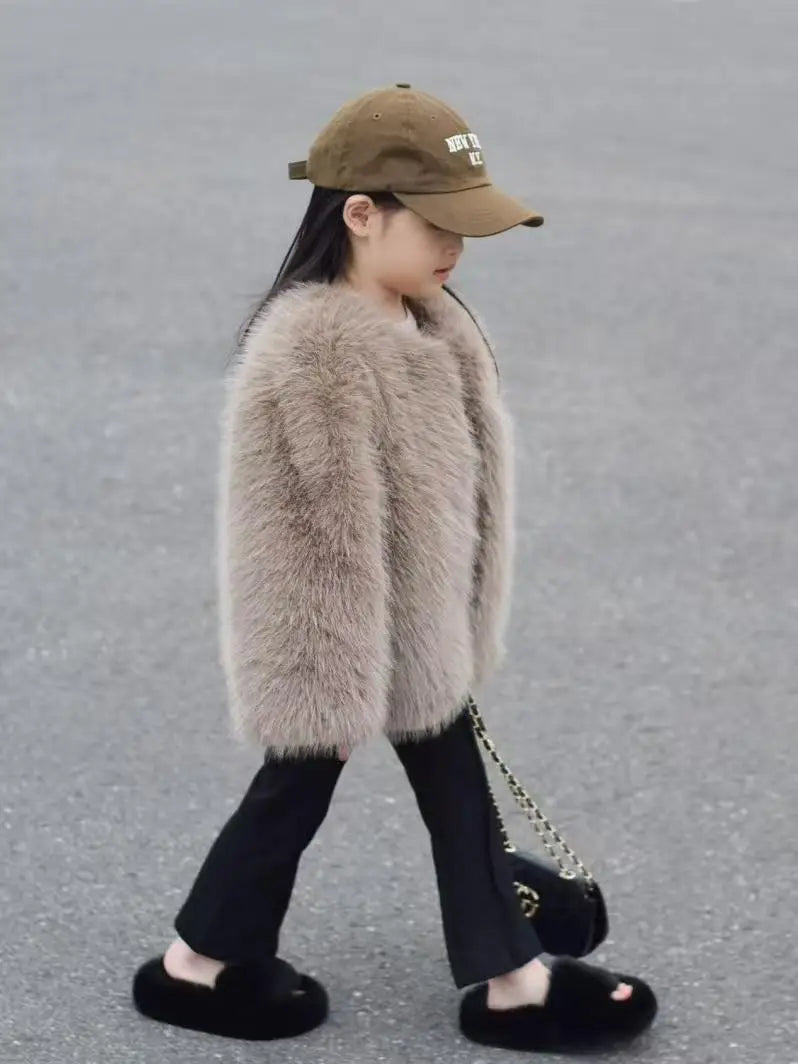 Fake Fur Girls Jacket - Thick Winter Outerwear | Solid Color Single-Breasted Coat - ZOOMNSTORE
