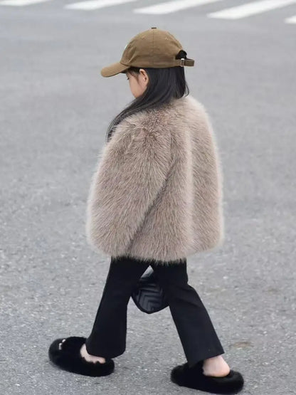 Fake Fur Girls Jacket - Thick Winter Outerwear | Solid Color Single-Breasted Coat - ZOOMNSTORE