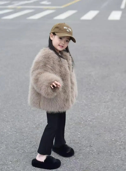 Fake Fur Girls Jacket - Thick Winter Outerwear | Solid Color Single-Breasted Coat - ZOOMNSTORE