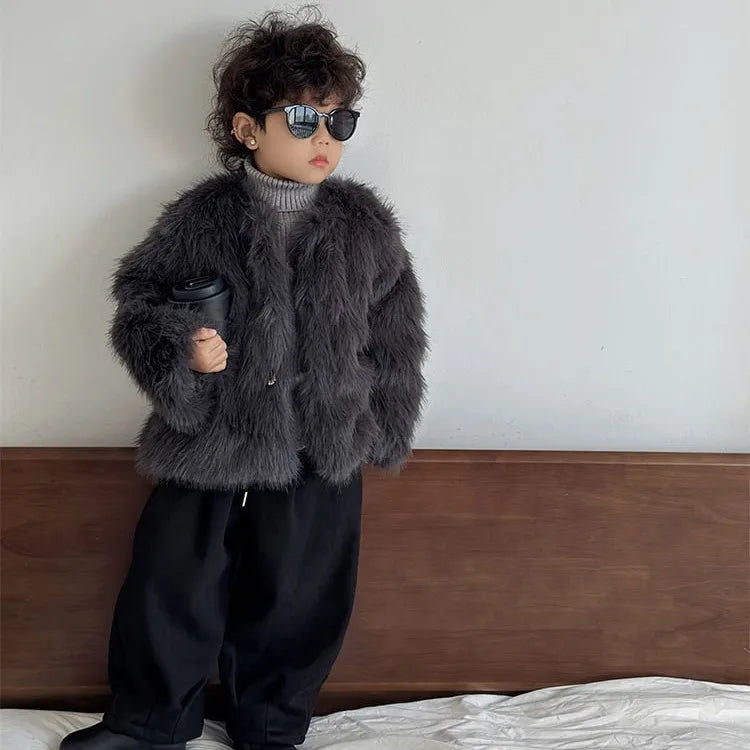 Fake Fur Girls Jacket - Thick Winter Outerwear | Solid Color Single-Breasted Coat - ZOOMNSTORE