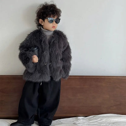 Fake Fur Girls Jacket - Thick Winter Outerwear | Solid Color Single-Breasted Coat - ZOOMNSTORE