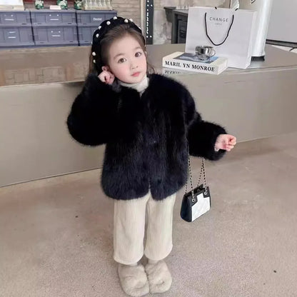 Fake Fur Girls Jacket - Thick Winter Outerwear | Solid Color Single-Breasted Coat - ZOOMNSTORE